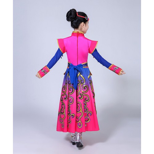Children Chinese folk dance costumes fuchsia ancient traditional Mongolian stage performance drama cosplay robes dresses